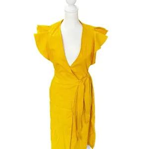 A.L.C. Walker Yellow Linen Blend Wrap Midi Dress Ruffle Sleeve Size 4 thumbnail 10