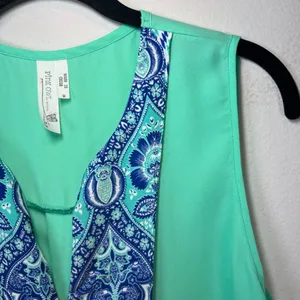 Pink Owl Sleeveless Blouse Shirt Aqua Blue Split Neck Lightweight Women's Medium thumbnail 7