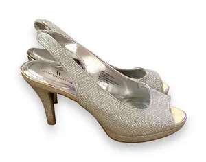 Worthington Dayne Silver Metallic Peep Toe Stiletto Heels‎ Sz 6.5 thumbnail 1