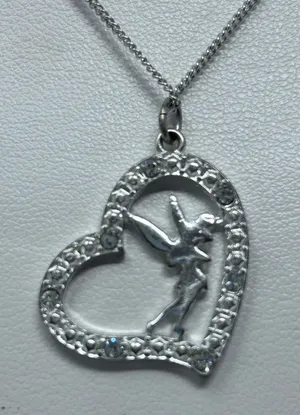 Disney Tinker Bell Heart Jeweled Silver Plated Necklace/Pendant 9"‎ Long thumbnail 1