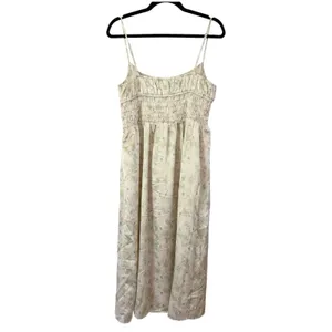 NWOT ASTR‎ The Label Floral Satin Smocked Midi Dress Size Large Cream Blue Slip thumbnail 5
