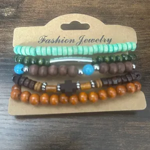 Wooden Turquoise Green Brown Orange Beaded Bracelet Stack Multiple thumbnail 2