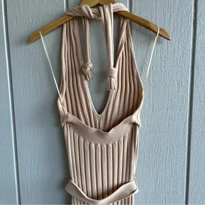 NICHOLAS Plunge‎ Neck Ribbed Cotton Knit Dress Neutral Beige Size M thumbnail 7