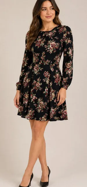 Brooks Brothers Black Red Floral Long Sleeve Dress Womens 14 Mini Fall Preppy thumbnail 1