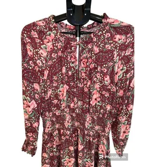 Aerie burgundy floral mini dress, gathered waist & cuffs, size L thumbnail 4