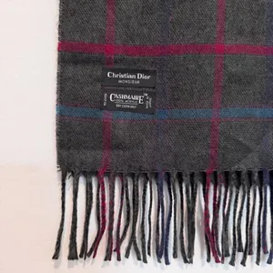 Christian Dior‎ Scarf Plaid Windowpane Cashmaire Fringe Vintage Dark Academia thumbnail 3