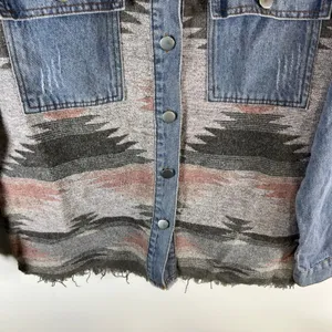 Womens XL‎ Southwestern Aztec Woven Denim Jacket Mixed Media Frayed Hem Blue thumbnail 3