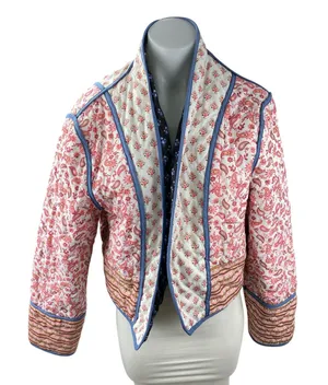 Reversible Women's Pink Blue Quilted Floral Open Front Crop Puffer Coat Jacket M thumbnail 1