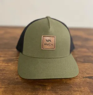 RVCA Olive Green and Black Trucker Hat with Leather Patch thumbnail 1