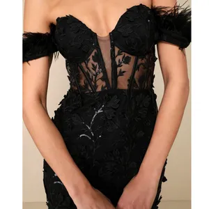 NEW Lulus Midnight Sparkle Black Embroidered Feather Bustier Maxi Dress XS thumbnail 2
