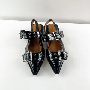 Boutique Black Patent Leather Buckle Slip On Pointed Toe Slingback Flat Shoes 39 / 8.5 thumbnail 6