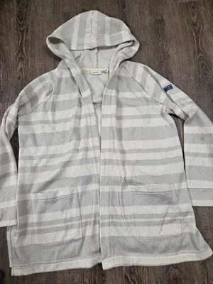 L.L. Bean Striped Gray Beige White Open-Front Hoodie Fleece Cardigan Sweater M thumbnail 1