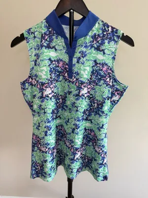 EP‎ New York Women's Sleeveless Mock Neck Floral Bluebell Golf Polo- M thumbnail 1