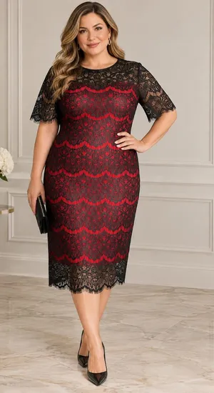 Suzanne Betro Red Black Lace Sheath Midi Dress XL NWT thumbnail 1