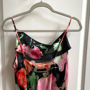 Josie Natori Silk Slip Dress Womens L Black Peony Blossom Floral Bias Cut Midi thumbnail 5