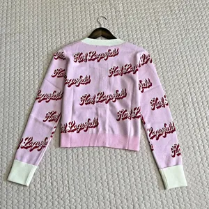 $399 NWT Karl Lagerfeld Pink Logo Cropped Cardigan Crystal Buttons Wool Blend thumbnail 9
