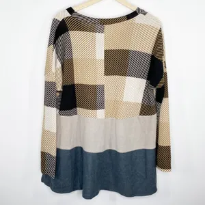 Entro V-neck Knit Colorblock Plaid Sweater Womens Size Large‎ Tan Blue Pullover thumbnail 2