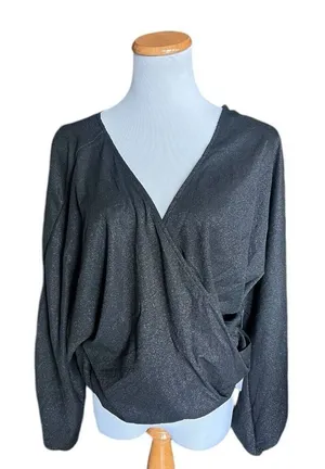 NWT Womens Just Fab JustFab Metallic Shimmer Black Ribbed Faux Wrap Top Blouse M thumbnail 1