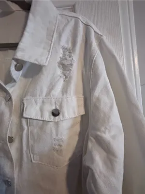 White Distressed Long Denim Jacket - Women's thumbnail 3