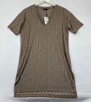 Zara Women M Ribbed V Neck Short‎ Sleeve Casual Dress Brown Collection B thumbnail 1
