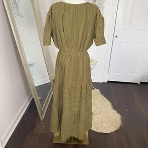Chicwish Notch Neckline Floret Eyelet Shirred Cotton Dress in Olive XXL thumbnail 4