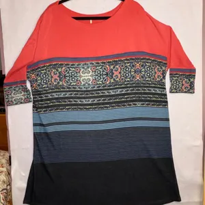 Free People Coral Boho Mixed Print Drop Shoulder Tunic knit 3/4 sleeve dress‎ M thumbnail 3