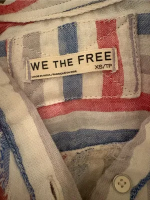 Free People Striped Button-Down 100% Cotton Shirt in White, Red & Blue thumbnail 4