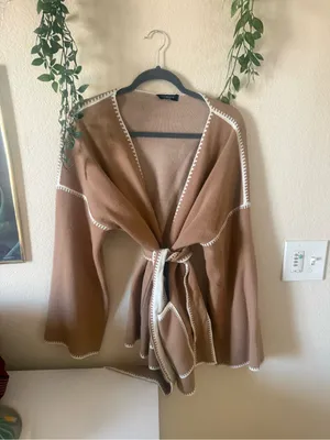 Fashion Hunter Camel Belted Kimono / Cardigan with White Trim thumbnail 3