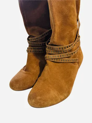 EXPRESS Suede Studded Strappy Cone Heel Boots Brown Sz 10 90’s, Y2K, Carmel thumbnail 6
