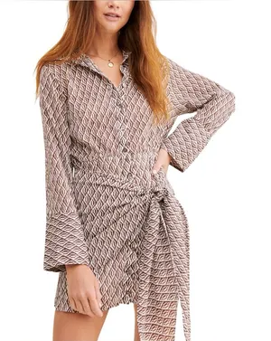 Free People Rilla Button Down Shirt Dress W/ Geometric Pattern Size Medium thumbnail 1