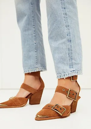 Jeffrey Campbell Free People Hendrix Heels Suede Leather Buckle Tan Brown Size 9 thumbnail 1