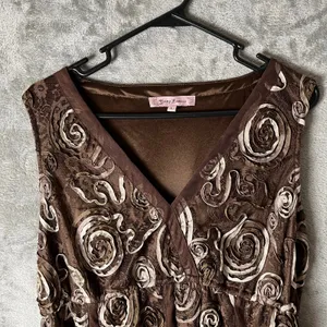 Vintage Y2K Brown Textured Tulle Babydoll V Neck Sleeveless Dress‎ Boho Indie LG thumbnail 4