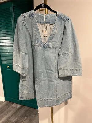 FREE PEOPLE NWT Goldie Balloon Sleeve Denim Mini Dress / Celestial Blue XS thumbnail 7