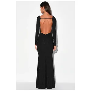 NWT Lulus Glamorous in Glitter Black Long Sleeve Backless Maxi Dress Gala Sz XS thumbnail 4