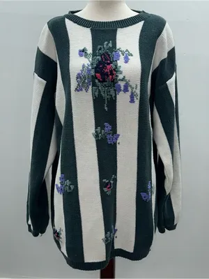 Vintage 90s Paris Sport Club Floral Striped Knit Sweater L Cottagecore Grandma thumbnail 1