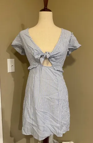 Lulus Blue and White Striped Mini Dress Cutout‎ Tie Front Short Sleeve S thumbnail 1