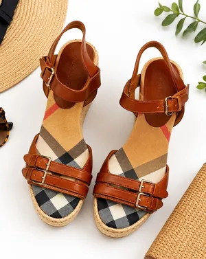 Burberry Tan Leather Check Canvas Espadrille Wedge Sandals EU 35 Italy GUC FLAW thumbnail 1