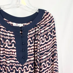 Vineyard Vines Large Top Silk Navy Blue Pink Fish Stripe Print‎ Long Sleeve 635 thumbnail 4
