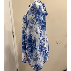 Maeve Anthropologie Blue White Floral‎ Sheer Tunic Blouse High Neck Tie Back L thumbnail 5