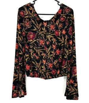 Free People Size M Scoop Neck Long Bell Sleeve Top Black and Yellow Floral Print thumbnail 2