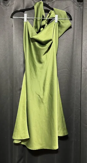 Green satin Shein Dress with back out thumbnail 1