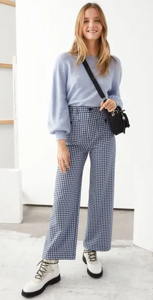 & Other Stories Blue Plaid Kick Flare High Rise Patch Pocket Trousers Size 12 thumbnail 1