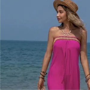 NWT Rusttydustty Hot Pink Geometric Embroidered Tube Top Wide Leg Jumpsuit M‎ thumbnail 4