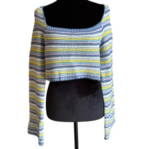 Altar'd State Womens Striped‎ Crochet Knit Cropped Sweater Blue Purple Yellow M thumbnail 4