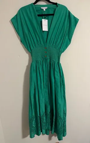NWT Karina Grimaldi Emerald Green deep V-Neck Midi Dress hayley size S eyelet thumbnail 1