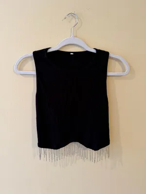 Black Chain Fringe Crop Tank Top thumbnail 2
