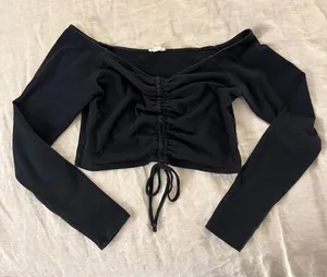 Garage Cropped Long Sleeve Over the Shoulder Black Top thumbnail 1