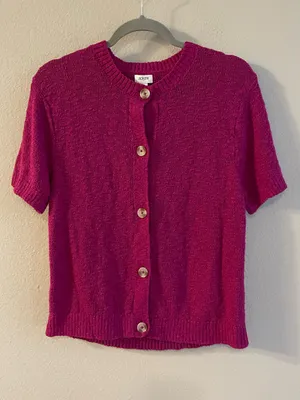J. Crew Sweet Magenta Short Sleeve Slub Cardigan Sweater Top Size Medium thumbnail 2