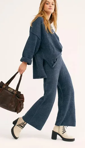 Free People Beach Hailee Knit Pants Blue Wide Leg Lounge Sweater Pants Size S thumbnail 1