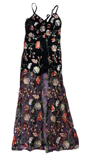 iris Black Maxi Dress with Purple Overlay and Multicolor Floral Embroidery thumbnail 1
